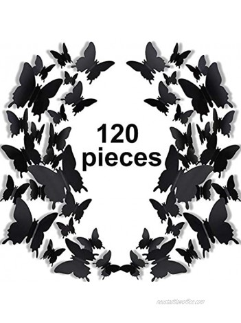 120 Pieces 3D Butterfly Wall Stickers 3 Sizes Removable Butterfly Mural Decals for Baby Kids Room Wedding Home Fridge DIY Art Decor Black