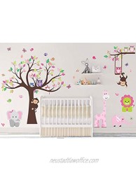 DEKOSH Kids Pink Jungle Theme Peel & Stick Girl Nursery Wall Decal Colorful Owl Giraffe Lion Tree Decorative Sticker for Baby Bedroom Playroom Mural