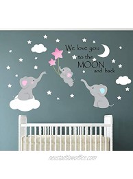 Family Elephant Wall Decal Baby Nursery Decor Kids Room Wall Stickers Large Cute Lovely Elephant Decals with Moon Stars Quote Home Decorations Love You to The Moon and Back 60''W x48''H