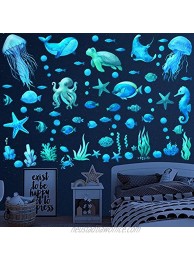 Ocean Fish Wall Decals,Glow in The Dark Under The Sea Wall Decals Sea Life Animals Wall Stickers Removable Waterproof Peel and Stick for Boys Kids Bathroom Watercolor Ocean Creatures DecorUpgrade
