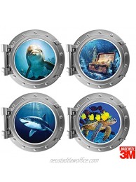 OFISSON 4 Pieces Bedroom 3D Wall Stickers Porthole Sea Life Art Sticker 3M for Kids Girls and Boys Playroom 12” Diameter Each