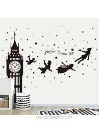 Runtoo Peter Pan Wall Decals Big Ben Clock Never Grow Up Quotes Stars Wall Stickers Baby Nursery Room Kids Bedroom Wall Decor [Black]