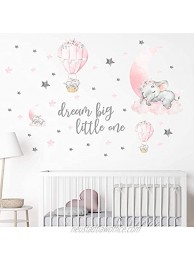 Yovkky Dream Big Little One Elephant Wall Decals Peel Stick Pink Moon Hot Air Balloon Sticker Watercolor Grey Star Nursery Decor Home Baby Play Room Decoration Girl Kid Bedroom Art Party Supply Gift