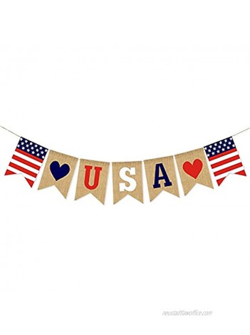 Vedran USA Banner Burlap 4th of July Banner Decorations American Independence Day Home Decor Red White and Blue Theme Party Supplies
