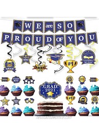 wongmode We are So Proud of You Banner Set Decor Blue Gold Foiled for Hanging Swirl Streamers and Cake Topper and Cupcake Topper Party Decorations Supplies