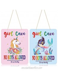 2 Pieces Girl Cave Sign No Boys Allowed Except Dad Sign Little Mermaid Baby Girl Room Decor Cute Unicorn Wall Decor for Girls Bedroom 8 x 10 Inch