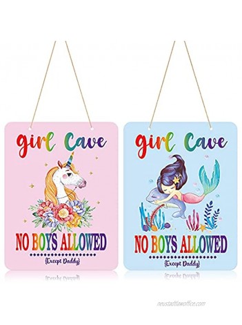 2 Pieces Girl Cave Sign No Boys Allowed Except Dad Sign Little Mermaid Baby Girl Room Decor Cute Unicorn Wall Decor for Girls Bedroom 8 x 10 Inch
