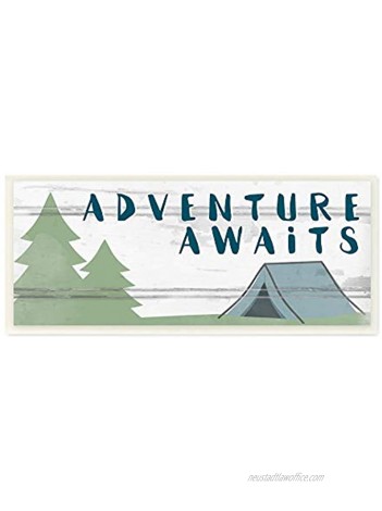 The Kids Room By Stupell Adventure Awaits Camping Scene with Trees Planked Look Sign Wall Plaque Art 7 x 17 Proudly Made in USA Multi-Color