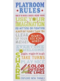 The Kids Room by Stupell Playroom Rules Colorful Typography White Blue Green and Red Stretched Canvas Wall Art 10x24 Gray Framed Giclee