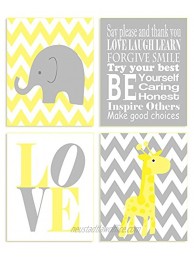 The Kids Room By Stupell Yellow And Grey Chevron Elephant And Giraffe Typography 4-Pc. Rectangle Wall Plaque Set Proudly Made in USA