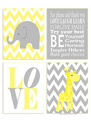 The Kids Room By Stupell Yellow And Grey Chevron Elephant And Giraffe Typography 4-Pc. Rectangle Wall Plaque Set Proudly Made in USA