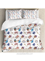 Ambesonne Alice in Wonderland Duvet Cover Set Cupcakes Mushrooms and Bottles Hanging in Sky Dessert Print Decorative 3 Piece Bedding Set with 2 Pillow Shams Queen Size Blue White
