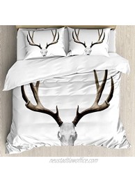 Ambesonne Antlers Duvet Cover Set Deer Skull Skeleton Head Bone Halloween Weathered Hunter Theme Motif Decorative 3 Piece Bedding Set with 2 Pillow Shams Queen Size Taupe Grey