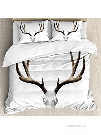 Ambesonne Antlers Duvet Cover Set Deer Skull Skeleton Head Bone Halloween Weathered Hunter Theme Motif Decorative 3 Piece Bedding Set with 2 Pillow Shams Queen Size Taupe Grey