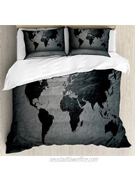 Ambesonne Dark Grey Duvet Cover Set Black Colored World Map on Concrete Wall Image Urban Structure Grungy Rough Look Decorative 3 Piece Bedding Set with 2 Pillow Shams Queen Size Black Grey