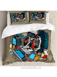 Ambesonne Gamer Duvet Cover Set Skeleton Programmer and Hacker in Virtual Reality Eating Fast Food Theme Illustration Decorative 3 Piece Bedding Set with 2 Pillow Shams Queen Size Khaki Blue