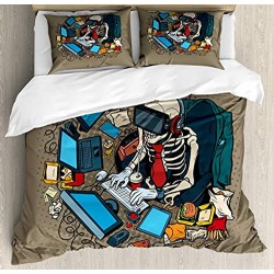 Ambesonne Gamer Duvet Cover Set Skeleton Programmer and Hacker in Virtual Reality Eating Fast Food Theme Illustration Decorative 3 Piece Bedding Set with 2 Pillow Shams Queen Size Khaki Blue