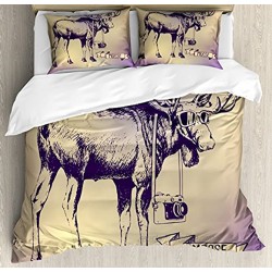 Ambesonne Moose Duvet Cover Set Hipster Deer with Shade Sunglasses and Vintage Ombre Design Funny Animal Art 3 Piece Bedding Set with Pillow Shams Queen Full Purple Beige