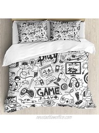 Ambesonne Video Games Duvet Cover Set Monochrome Sketch Style Gaming Design Racing Monitor Device Gadget Teen 90's Decorative 3 Piece Bedding Set with 2 Pillow Shams Queen Size White and Black