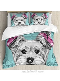 Ambesonne Yorkie Duvet Cover Set Dog with Headphones Music Listening Yorkshire Terrier Hand Drawn Caricature Decorative 3 Piece Bedding Set with 2 Pillow Shams Queen Size Blue White