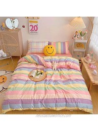 AOJIM Cartoon Duvet Cover Rainbow 100% Cotton Cute Bedding Set 3 PCS Colorful Stripes Comforter Cover Full Queen Size for Girls Women