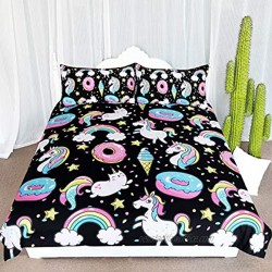 ARIGHTEX Chubby Unicorn Bedding Kids Girls Cute Unicorn in Rainbow Sprinkles Donut Pattern Duvet Cover 3 Piece College Dorm Sweet Bed Sets Twin