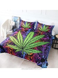 BlessLiving Marijuana Duvet Cover Set Cannabis Leaf Bedding 3 Pcs Rainbow Weed Bedding Trippy Leaves Bed Set Bohemian Green Purple Queen Size Comforter Cover