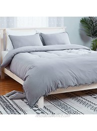 CAROMIO Duvet Cover King Size 3 Pieces Soft Washed Microfiber Duvet Cover Set for All Season Boho Pom Pom Fringe Duvet Cover Set with Zipper Closure Silver Grey 104x90 inches