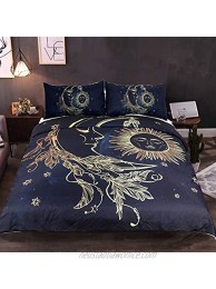 Duvet Cover Sets Queen Golden Sun and Moon Printed Bedding Set Soft Comforter Cover with Zipper Closure,Ties and 2 Pillowcases for Kids Teens Adults