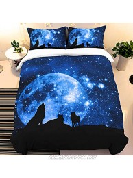 Galaxy Wolf Duver Cover Set Twin Size Blue 3D Comforter Cover Animal Moonlight 2 Pcs Bedding Set 1 Duvet Cover and 1 Pillow Case Super-Soft Micorfiber Quilt Cover Set for Kids Teens Home Decor