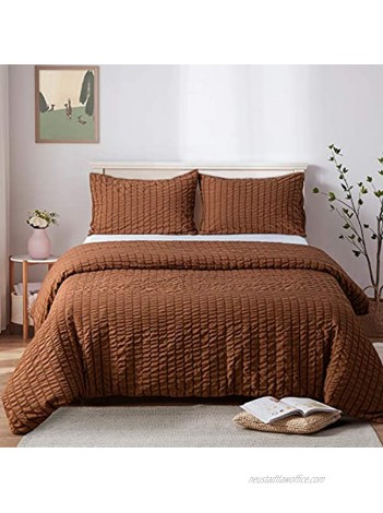 NTBAY Seersucker Twin Textured Duvet Cover Set 2 Pieces 1 Duvet Cover + 1 Pillow Case Brown Stripe Washed Microfiber Comforter Cover with Zipper Closure for Kids 68x90 Inches Brown