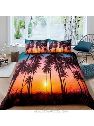 Palm Leaves Duvet Cover King Size Sunset Decor Bedding Set Tropical Botanical Comforter Cover Set with Zipper Ties Soft Microfiber Hawaii Vacation Style Quilt Set,1 Duvet Cover with 2 Pillow Cases