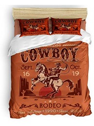PartyShow 4 Piece Bed Sets Full Western Cowboy Riding Poster Bedroom Comforters Cover Bed Sheet with 2 PC Pillowcases for Girls Boys Kids Bedroom Vintage Brown Dusk Backdrop