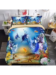 Undewater World Duvet Cover Set Queen 3 Pieces Marine Life Bedding Comforter Cover with 2 Pillowcases Finding Nemo Microfiber Dolphin Mermaid Bedding Set Queen Size 90" x 90"