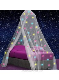 UB-STORE Canopy for Girls Bed with Pre-Glued Glow in The Dark Unicorns Princess Mosquito Net Room Decor Kids & Baby Bedroom Tent with Galaxy Lights 1 Opening Canopy Bed & Hanging Kit Included
