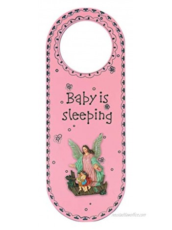 Baby is Sleeping Guardian Angel Nursery Door Knob Hanger 10 Inch Pink
