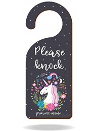 Please Knock Princess Inside Wooden Door Knob Hanger Sign for Kids' Room,Playing Room,Home Girl's Room 9"3.54" Unicorn with Flowers and Stars Decoration