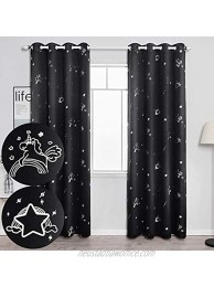 AmHoo Unicorn Printed Blackout Curtains Thermal Insulated Children Rainbow Star with Classic Grommet Top for Kids Bedroom 2 Panels 52 X 96 Inch Black