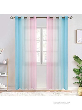 BGment Ombre Sheer Curtains for Kids Room Faux Linen Grommet Two-Color Linear Gradient and Decorative Window Curtain Panels for Girls Room Set 2 Panels Each 52 x 72 Inch Baby Pink and Baby Blue