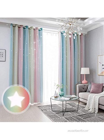 Curtains YBENWL 2 Panels Double Layer Rainbow Stripe Hollow Out Star Cut-Out Romantic Colorful Star Cut Out Stripe Window Gradient Sheer Blackout for Kids Girls Bedroom Living Room Hotel