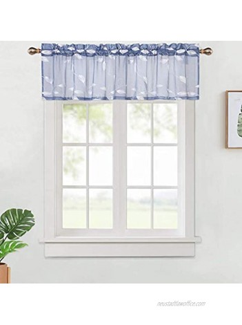 Haperlare Sheer Valance Curtains for Kitchen Leaves Embroidered Linen Textured Look Rod Pocket Valance Curtains for Windows Vintage Floral Kitchen Cafe Curtains 52" x 15" Dusty Blue One Panel