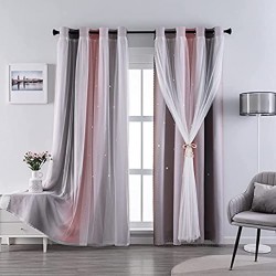 INDISTAR Cutout Blackout Window Curtains for Girls Kids Bedroom Double Layer Star Cut Out Gradient Stripe Curtains 2 Panel Pink Gray W52 x L63 inch
