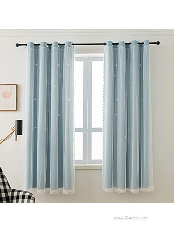 Light Blue Star Cutout Kids Curtains 63 Inch Length Blackout Curtains for Girl Bedroom Window Thermal Room Darkening Curtains & Drapes Baby Nursery Curtains 1 Panel