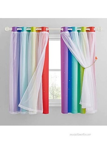 NICETOWN Star Colorful Blackout Curtains Bedroom Decor 63 inches Long Double-Layer Rainbow Stripe Window Curtain with White Sheer for Kids Nursery W52 x L63 2 Panels Tiebacks Included