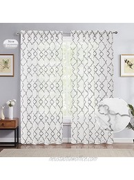 White and Grey Sheer Curtains for Nursery Kids Room 52 x 54 Inches Gray Moroccan Embroidered on White Linen Textured Voile Drapes Bedroom Geometric No See-Through Window Treatments Rod Pocket 2pcs