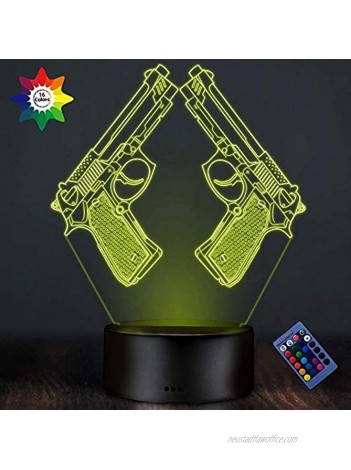 Creative 3D Pistol Lamp Night Light 16 Colors Changing USB Powered Remote Control Touch Switch Decor Lamp Optical Illusion Lamp LED Table Desk Lamp Children Kids Christmas Brithday Gift