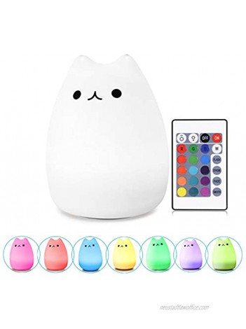 WoneNice Silicone Kitty Night Light Remote Control USB Rechargeable Children Night Light with Warm White & 7-Color Breathing Modes for Kids Toddler Baby Girls Valentine's Day