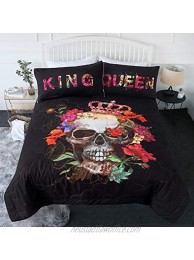 BlessLiving Skull Comforter Set Queen Sugar Skull Bedding Sets Queen with Comforter Red and Black King and Queen Crown Skull Reversible Beddspreads Mens Bed Set Full Queen