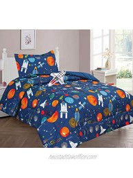 Golden Linens Multicolor Navy Blue Solar System Space Ships & Rockets Universe Galaxy Stars Twin Size Comforter Set for Boys Kids Bed in a Bag with Sheet Set & Decorative Toy Pillow # 6 Pcs Space