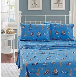 Luxury Home Collection Kids Toddlers Boys 3 Piece Twin Size Print Sheet Set with Fitted Flat and Pillow Case Fun Design Pirates in The Sea Sailing Ships Anchors Treasure